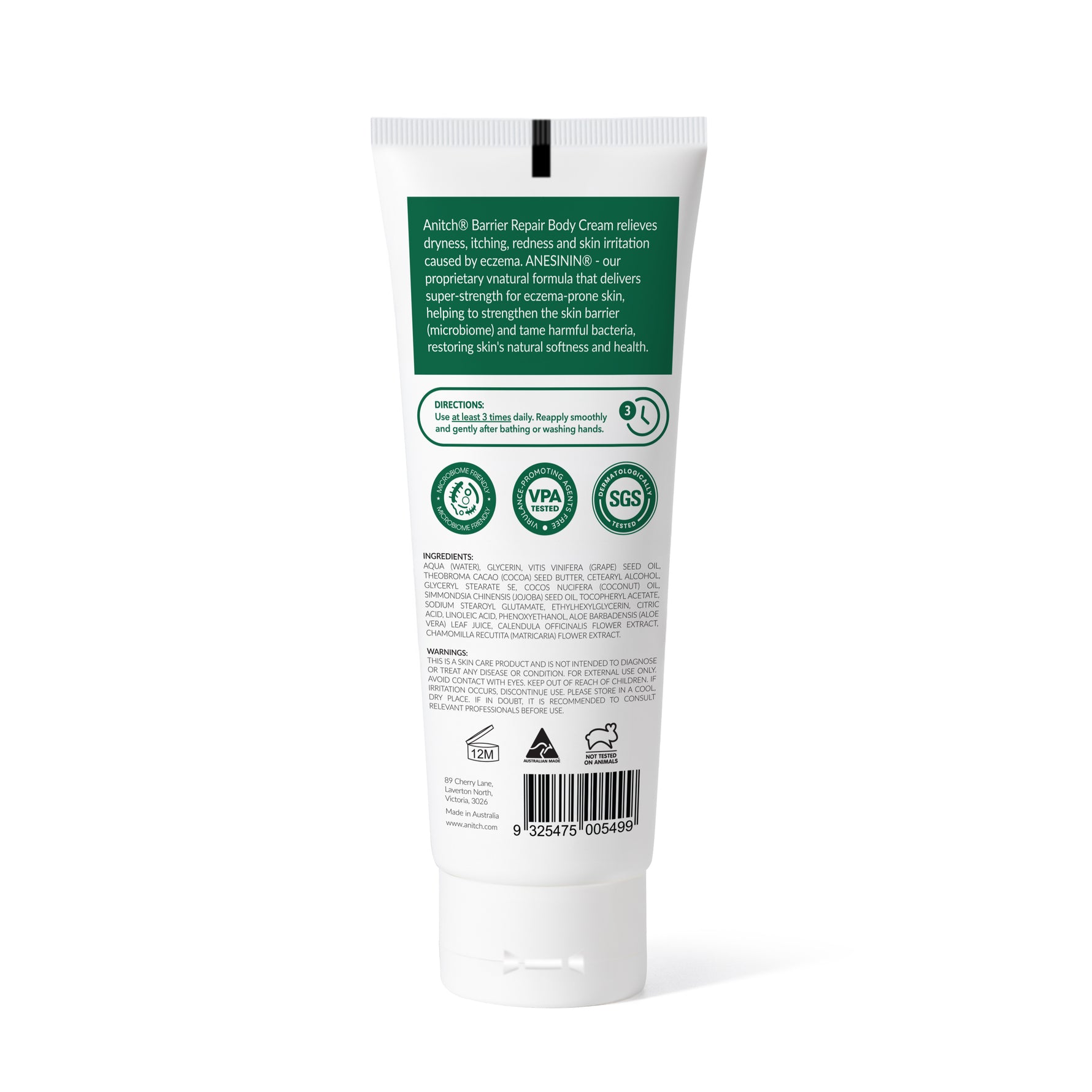 Rear of tube of barrier repair body cream with green label on a white background