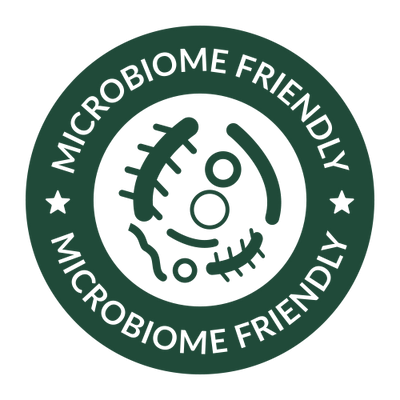 Circular logo with 'Microbiome Friendly' text and a stylized illustration of gut bacteria