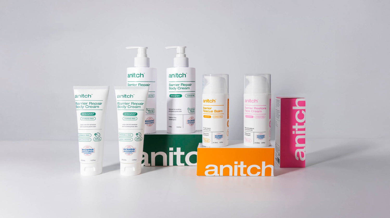 Anitch skincare products on a gray background
